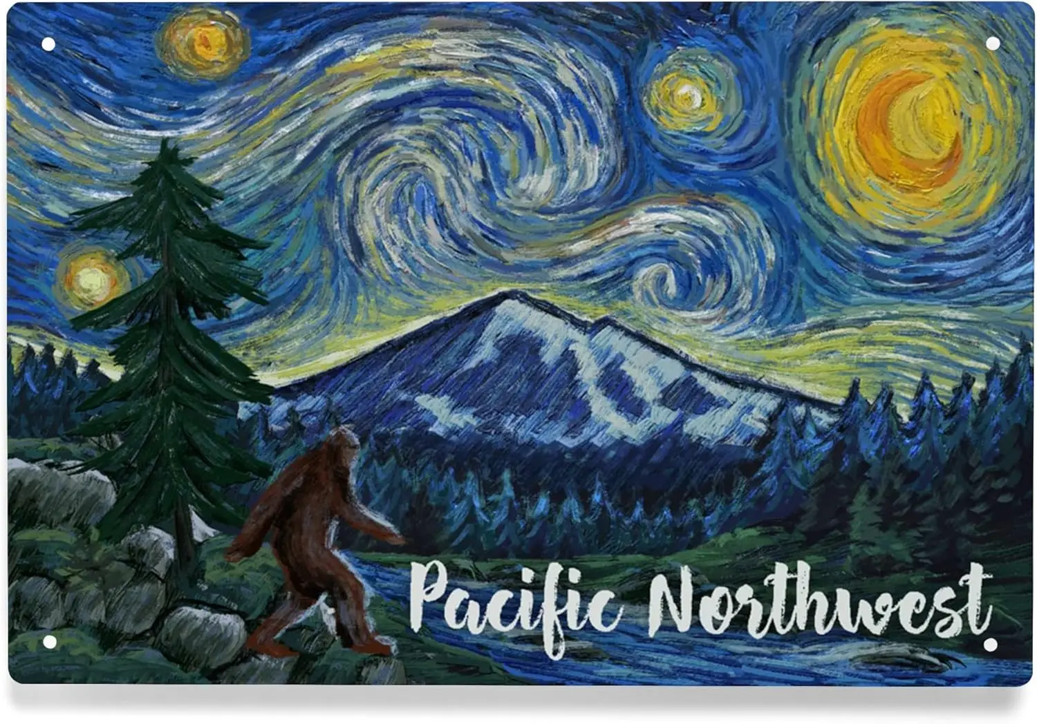 Lantern Press 6x9 Inch Metal Sign, Pacific Northwest, Bigfoot, Starry Night