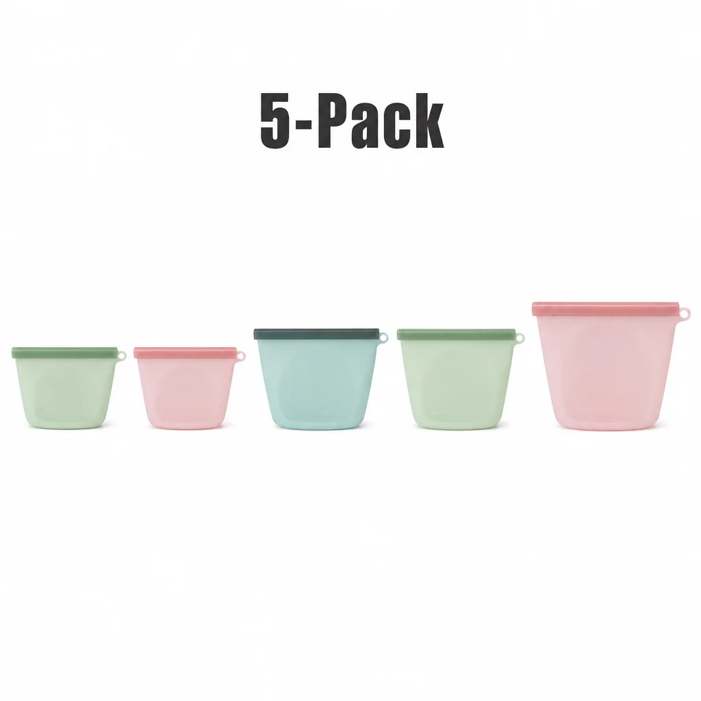 5-Pack Silicone Food Storage Bags Reusable Leakproof BPA Free Meal Prep Containers Stand Up Freezer Dishwasher Safe Zero Waste