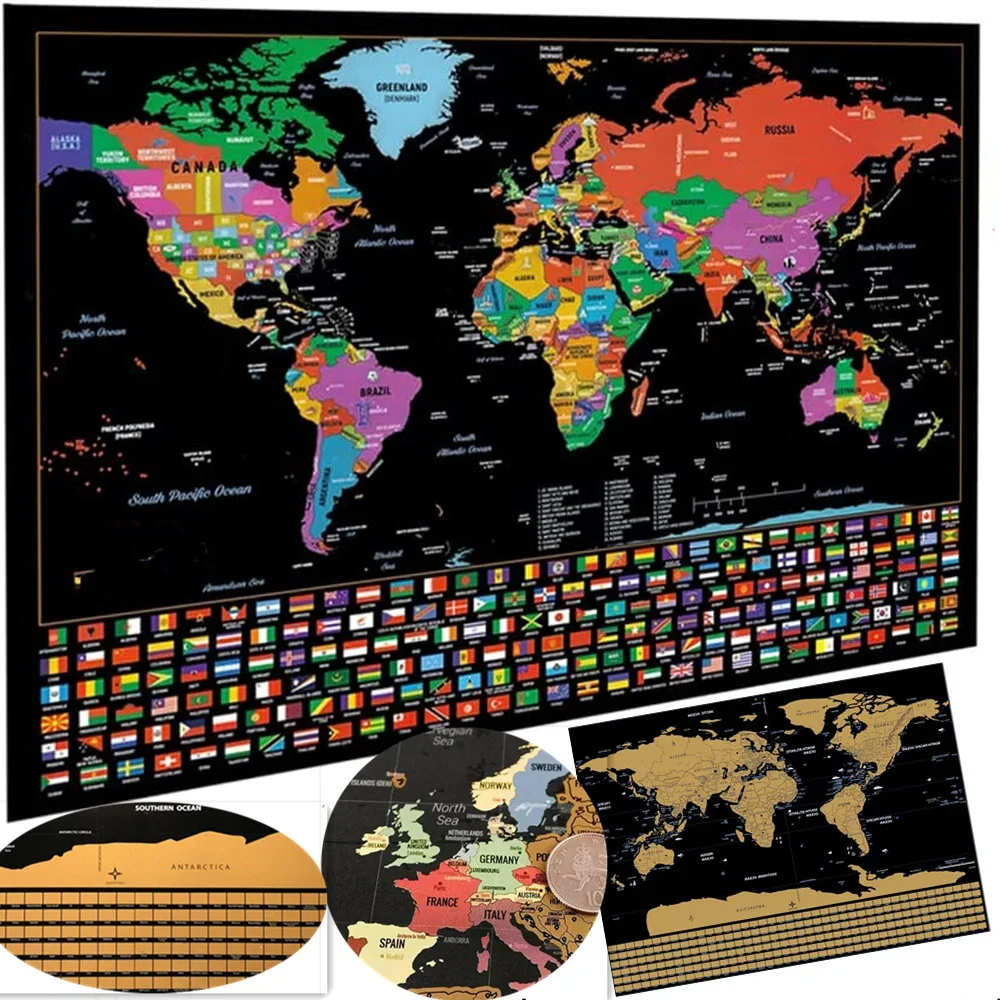 Deluxe International Scratch Maps With National Flag - Globe Travel Mark Scratch Off Maps Creative Adventure Maps Wall Art Decor