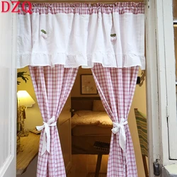 South Korean Sweetly Pink Plaid Door Curtain for Kitchen Lace Double Layer Checkered Curtains Cloth for Living Room #A365