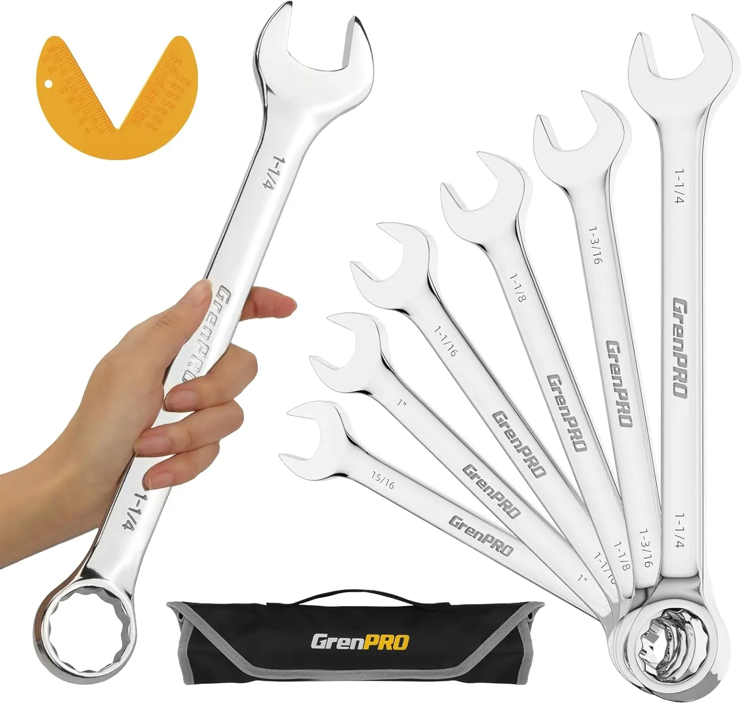 

7-Piece SAE Wrench Set, 12-Point Combination Wrenches 15/16" to 1-1/4", Long Open End with Roll Up Pouch and Gauge