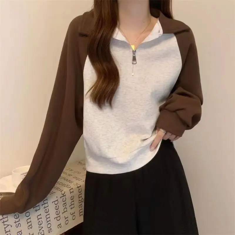 Primavera e autunno americano retrò colore spalla a contrasto manica lunga colletto POLO mezza cerniera felpa con cappuccio da donna Top corto alla moda