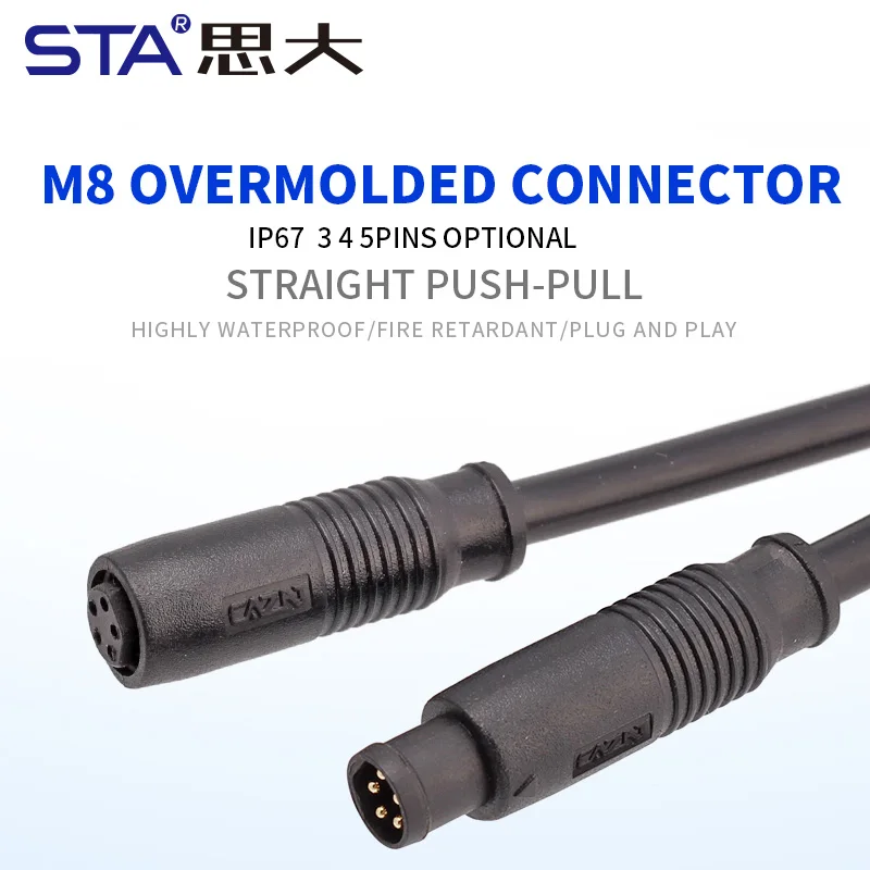 M8 Plastic Snap-on Male Female IP67 Quick Plug Aviation Plug Socket Waterproof Overmolded Connector 3 4 5 6 8 Pin