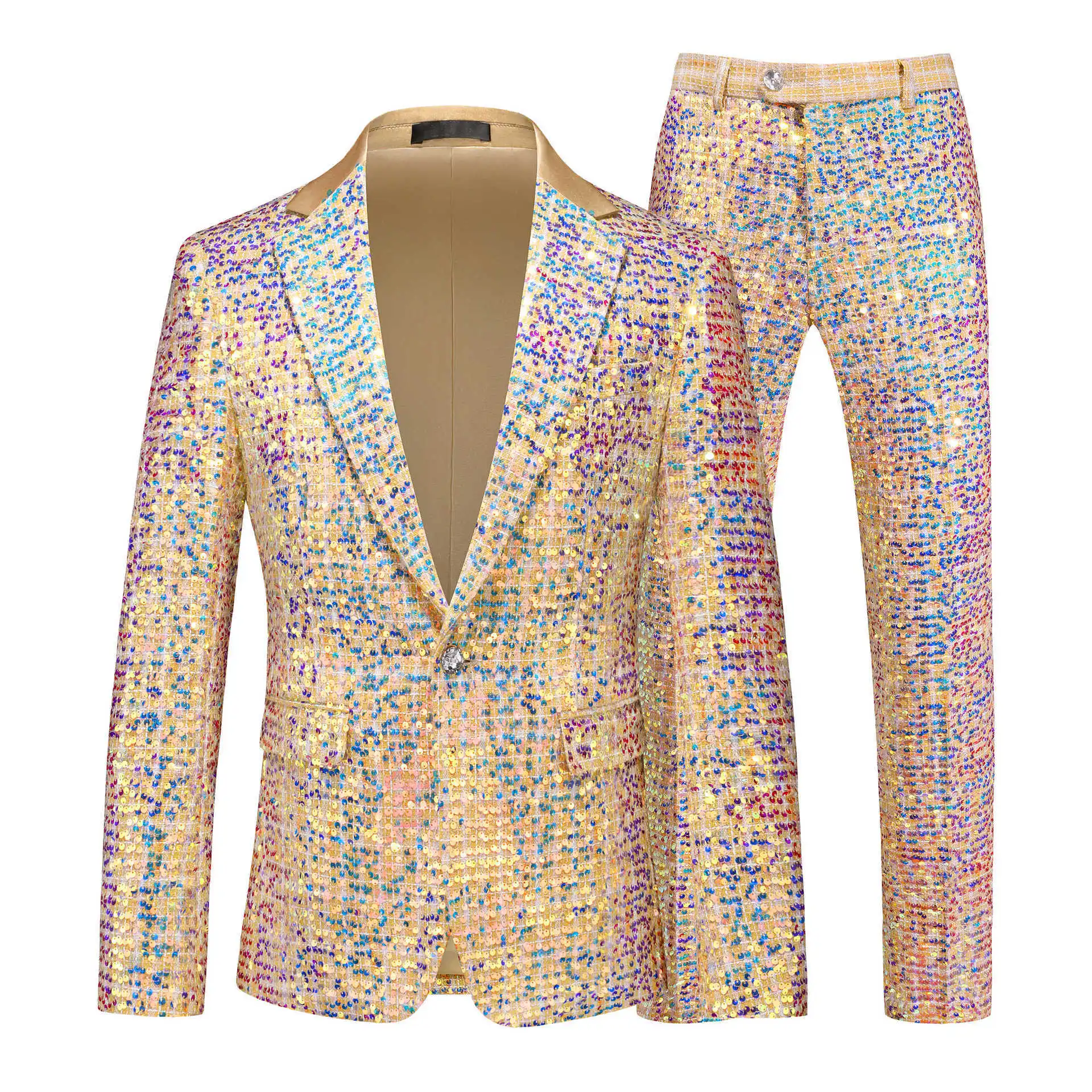 

Men Suit Outfit Autumn Turn Down Collar Long Sleeve Blazer Man Straight-leg Pants Fashion Colorful Sequins Slim Male Stage Set