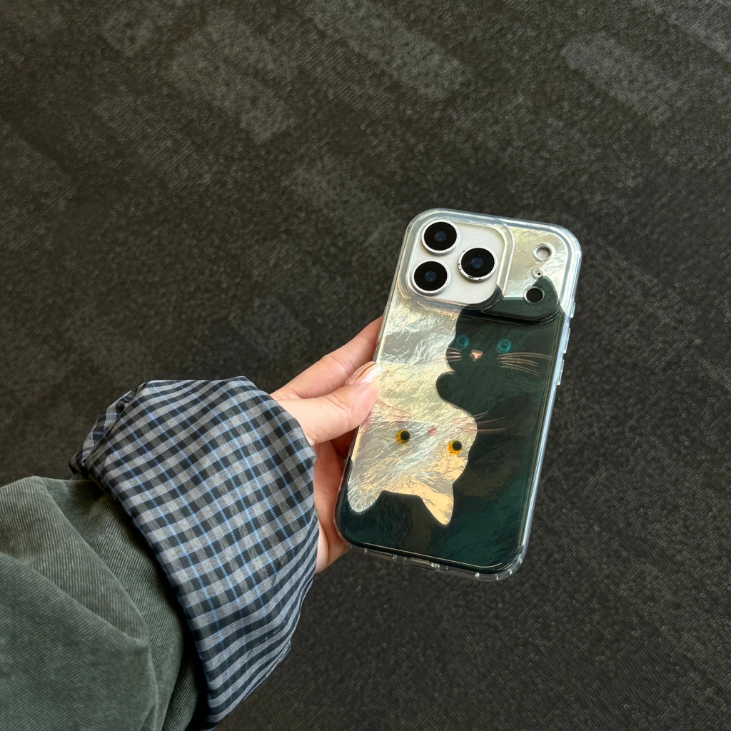 Cartoon Cute Black White Cats Wrinkled Texture With Lanyard Shock Proof Phone Cover Case for iPhone 17 16 15 14 13 Pro Max