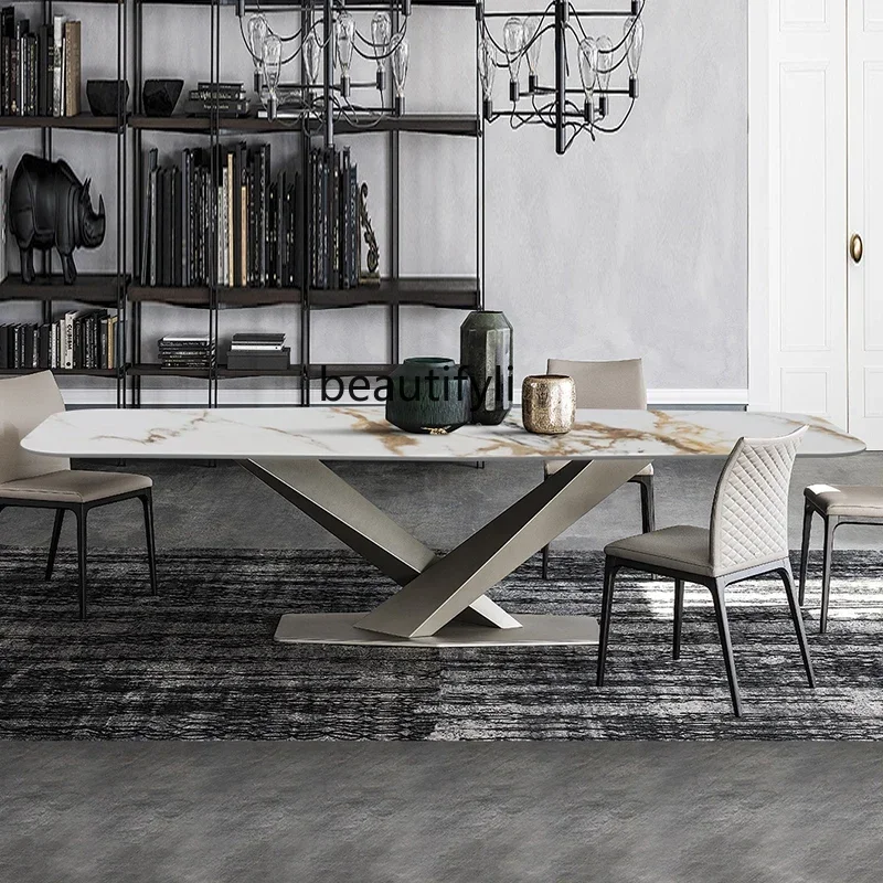 

Обеденный стол и стулья из прямоугольной мраморной плиты в стиле лёгкой роскоши, простой современный дизайн.