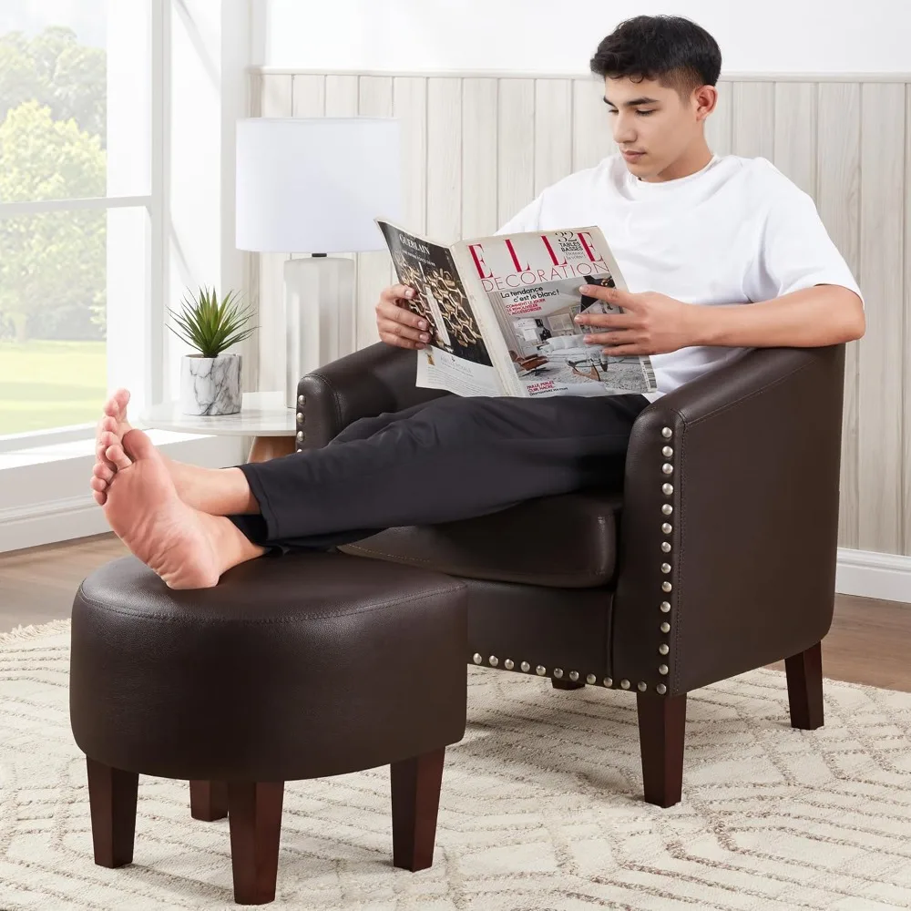 Accent Barrel Chairs Set of 2 with Ottoman, Faux Leather Club Chair Armchair with Cushion, Diamond Grid Backrest