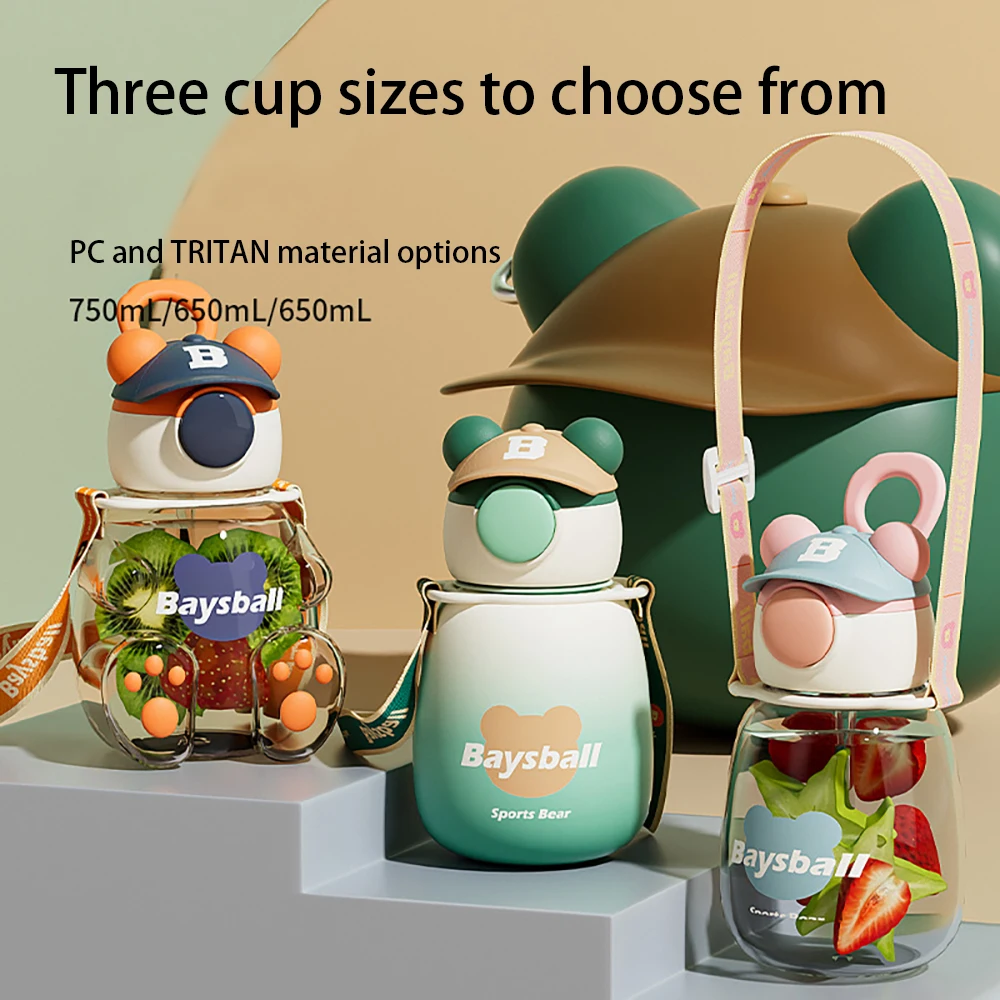 Children's Plastic Tritan Sports WaterBottle With Straw Portable Leakproof Cute Cartoon Student Straps Water Cup BPA Free Bottle