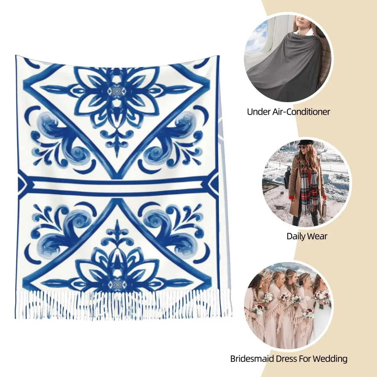 

Сицилийская плитка, среднеземноморье, мозаика, декоративный шарф, шарфы с кисточками для женщин, шали и накидки, большая осенне-зимняя шаль