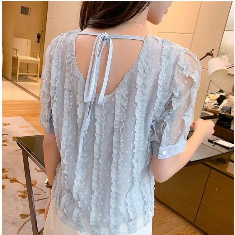 2024 New Summer Korean Edition Simple Short Sleeved Chiffon Pullover Solid Color Square Neck Hollow Lace Women\'s Shirt Top