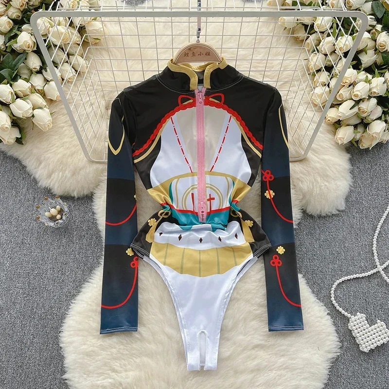 

CosplayFermeture éclair mince à manches longues Bodycon érotique imprimé body femmes col montant Corset combishorts Lingerie bar