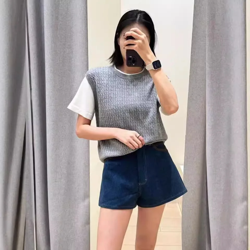 Knitted Top for Women 2024 New Spring Autumn O-neck Fake Two Piece Casual Short Sleeve Tee