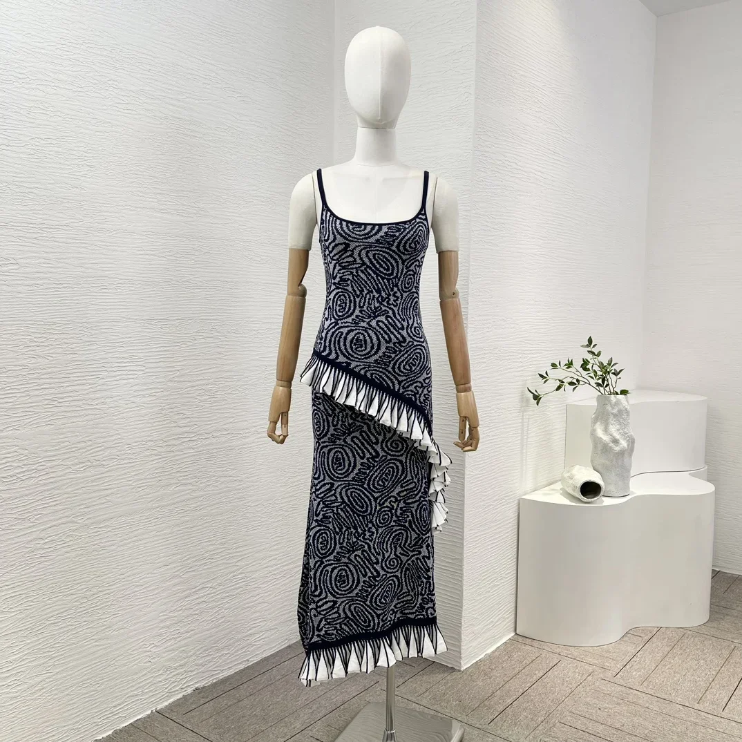 

Navy Blue New Spring Summer 2024 High Quality Sleeveless Ruffles Knit Asymmetrical Hem Pullovers Tops and Skirt Women Set