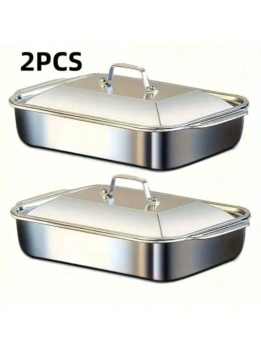 

4-Piece Stainless Steel Fish Baking Tray Set w/ Lids, Heavy-Duty, Multi-Purpose for Home & Parties