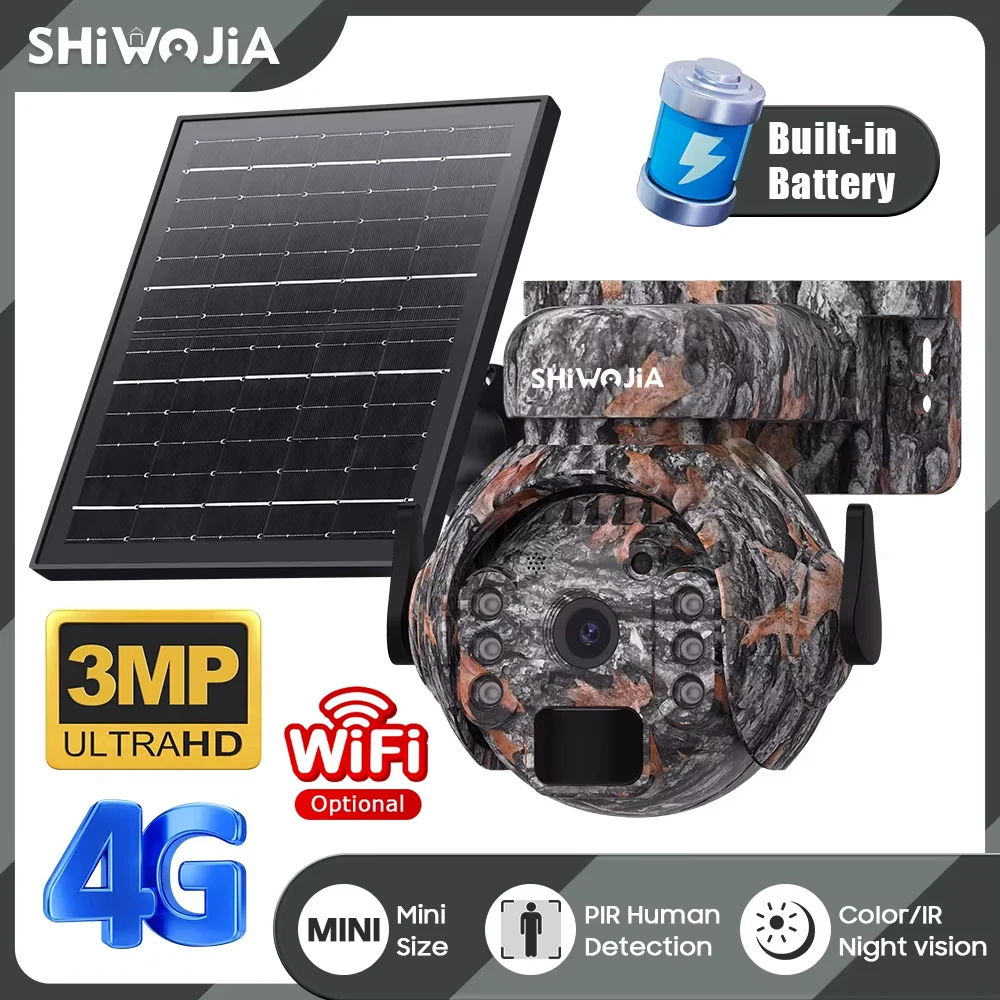 SHIWOJIA 3MP Solar Powered Trail Camera 4G SIM & WiFi PIR Motion Activated Wildlife Hunting Cam Color IR Night Vision Outdoor