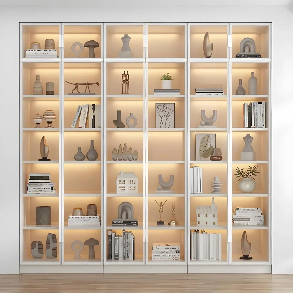 

Modern Wood Bookcase with Cabinet, Transparent Glass Doors Living Room Display Cabinet Freestanding Book Shelves for Bedr
