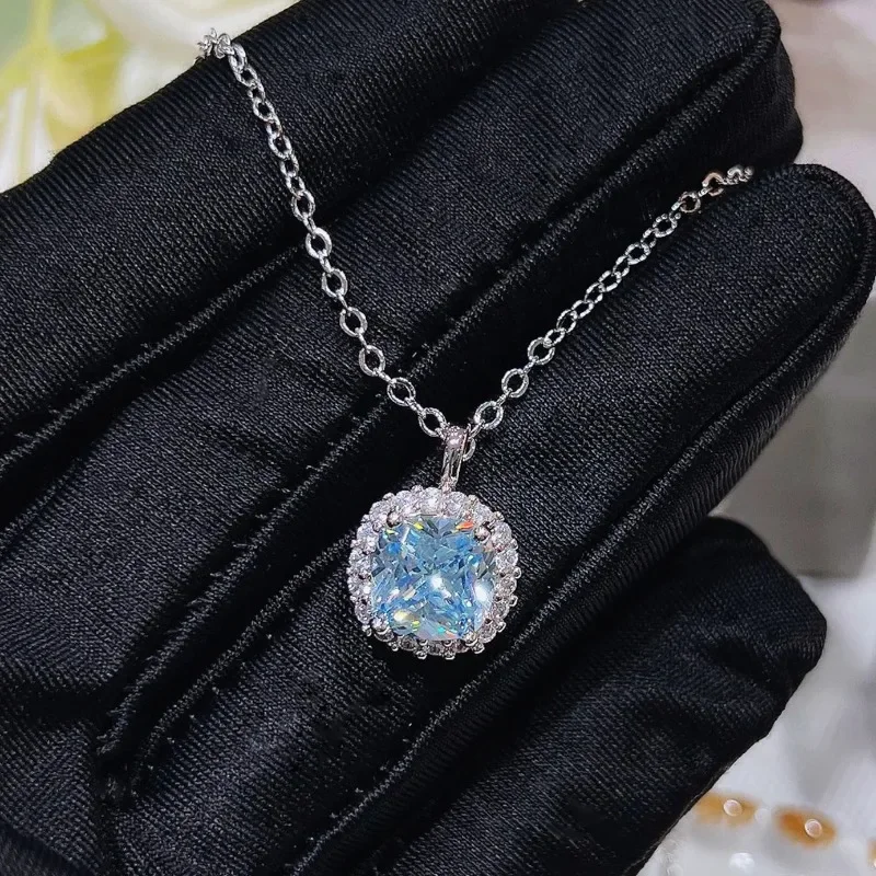 Luxury Simulation Aquamarine Jelly Bean Pendant Necklace 925 Stamp Super Shining Bright Pillow Square Aquamarine Zircon Gift