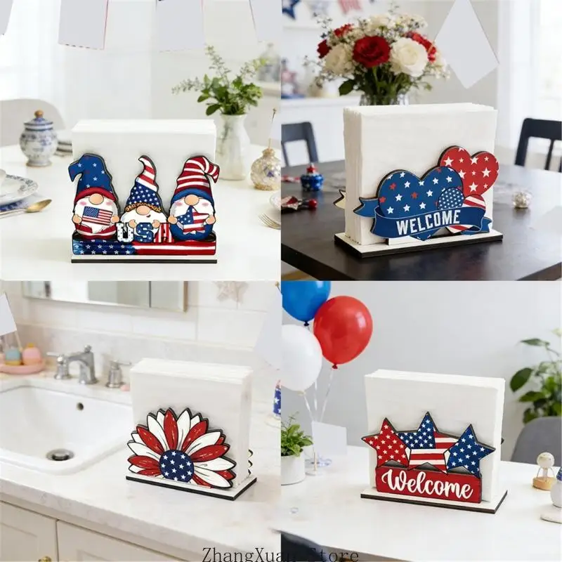 Packung mit 4 patriotischen Taschentuchbox-Haltern aus Holz mit Designs zum Unabhängigkeitstag für Büros und Heimdekoration 3XUF – Detail 5