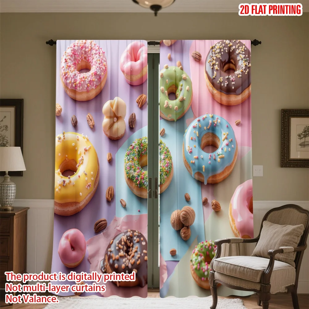 

2D flat printing 2pcs Drapes Colorful Donut Arrangement Digital Printed Polyester Drapes Family Party Decoration Perfect for