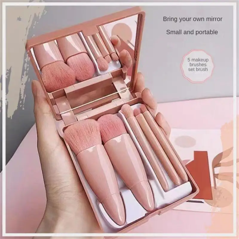 5 PCs Cosmetic Brush Portable Makeup Brush Travel With Mirror Box Makeup Set Brush Loose Brush Blush Brush Eyeshadow Brush