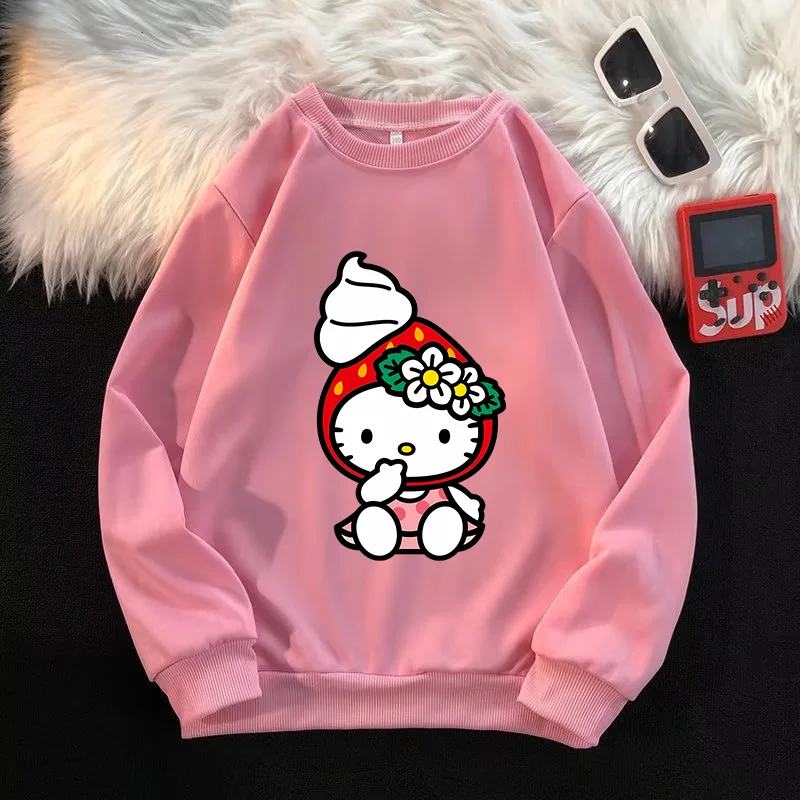 

Толстовка Hello Kitty Sanrio, тонкие топы для девочек, одежда, милая толстовка с длинными рукавами и принтом мультфильмов, Harajuku, повседневные детские пуловеры