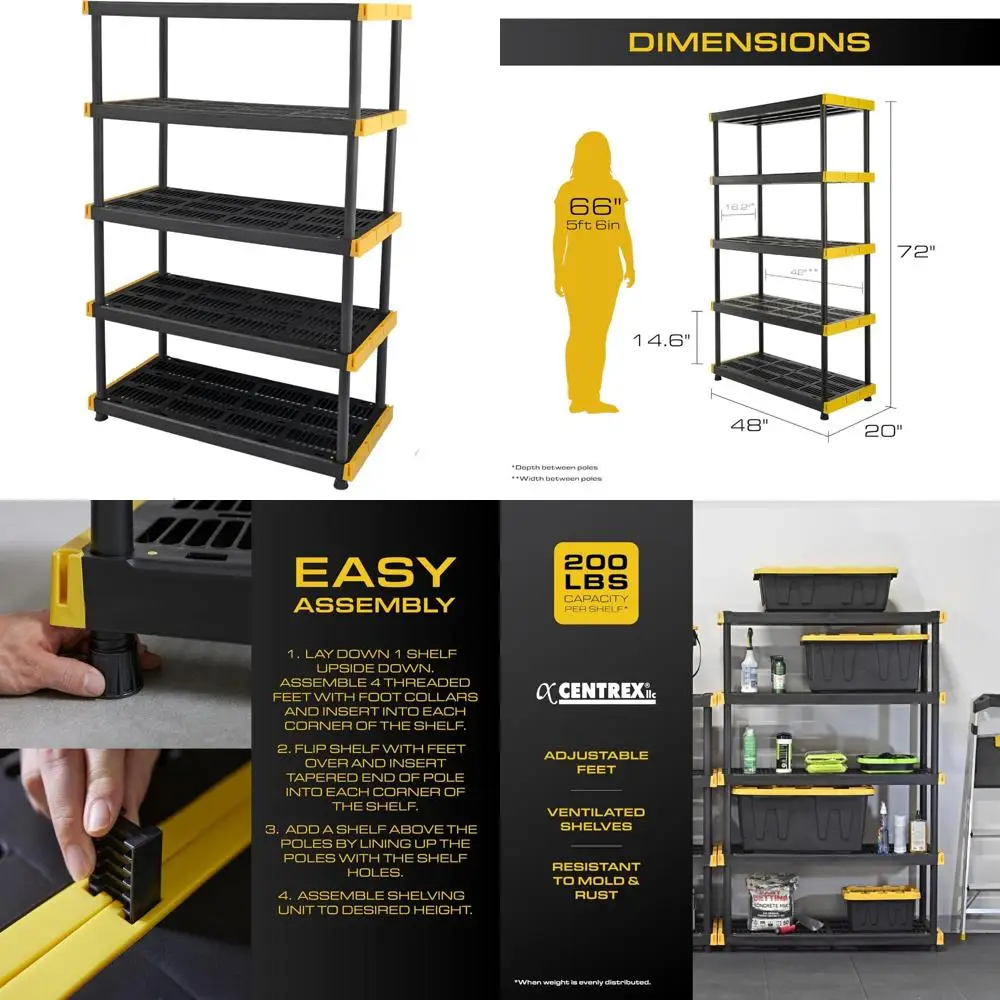 Heavy-Duty 5-Shelf Plastic Storage Unit, 200lbs Capacity, 72H x 48W x 20D, Suitable for Indoor and Outdoor Organization