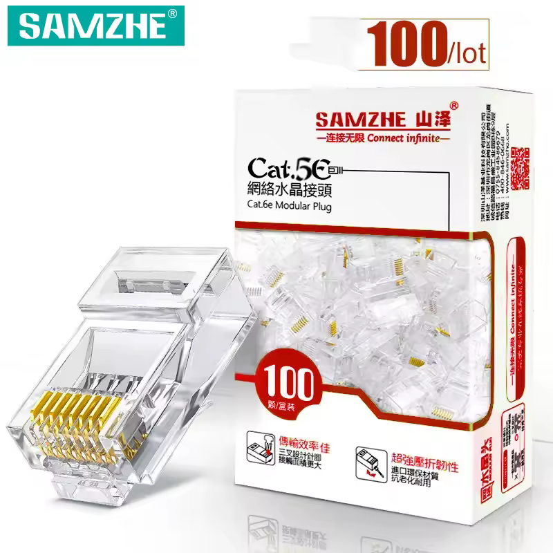 SAMZHE-enchufe Modular Cat5e RJ45, conector 8P8C para Cable Ethernet, chapado en oro, CAT 5e, Gigabit, conectores de crimpado Ethernet a granel