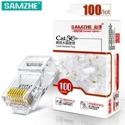 SAMZHE Cat5e RJ45 wtyczka modułowa 8P8C złącze do kabla Ethernet, pozłacane złącza zaciskane CAT 5e Gigabit luzem Ethernet