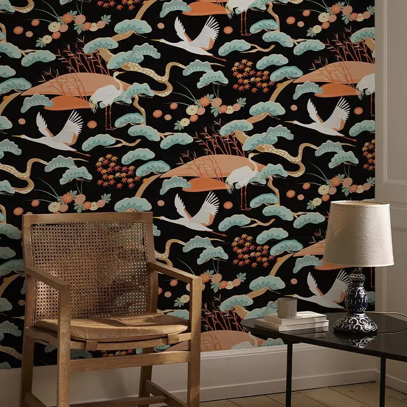 Classical Pastrol Crane Bird Wallpaper Forest Halcyon Peel & Stick Wallpaper for Bedroom Home Cabinet Decorations