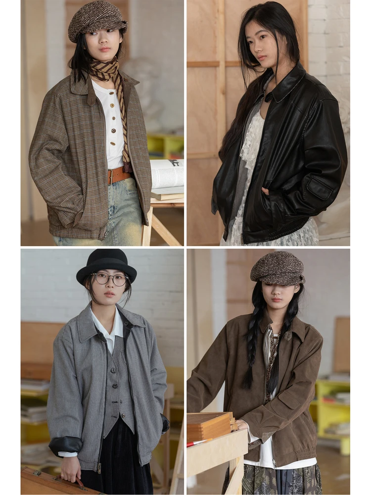 

Двусторонняя одежда в стиле ретро, клетчатое кожаное пальто с откидным воротником Jaet DingDongMa Magic Harlequin, женское модное осеннее пальто на молнии