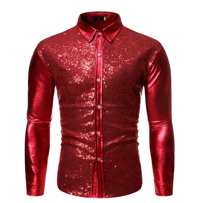 Luxury Red Sequin Metallic Glitter Shirts for Men 2024 New Long Sleeve 70's Disco Party Shirt Male Christmas Halloween Costume