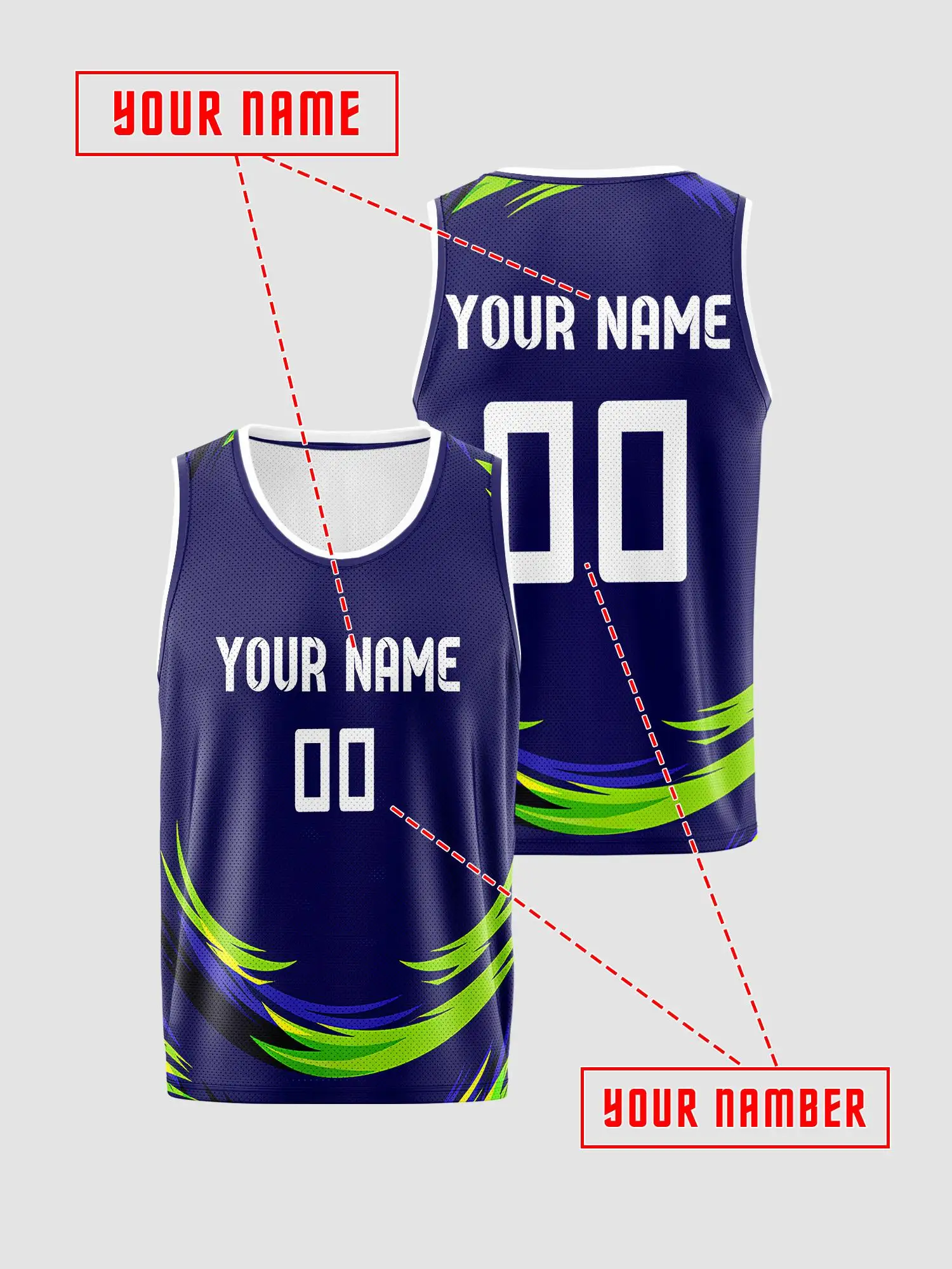 Kids Navy Neon‑Green Graphic Custom Basketball Jersey Set, Personalized Name & Number, Breathable Mesh Youth Sports Tank Top