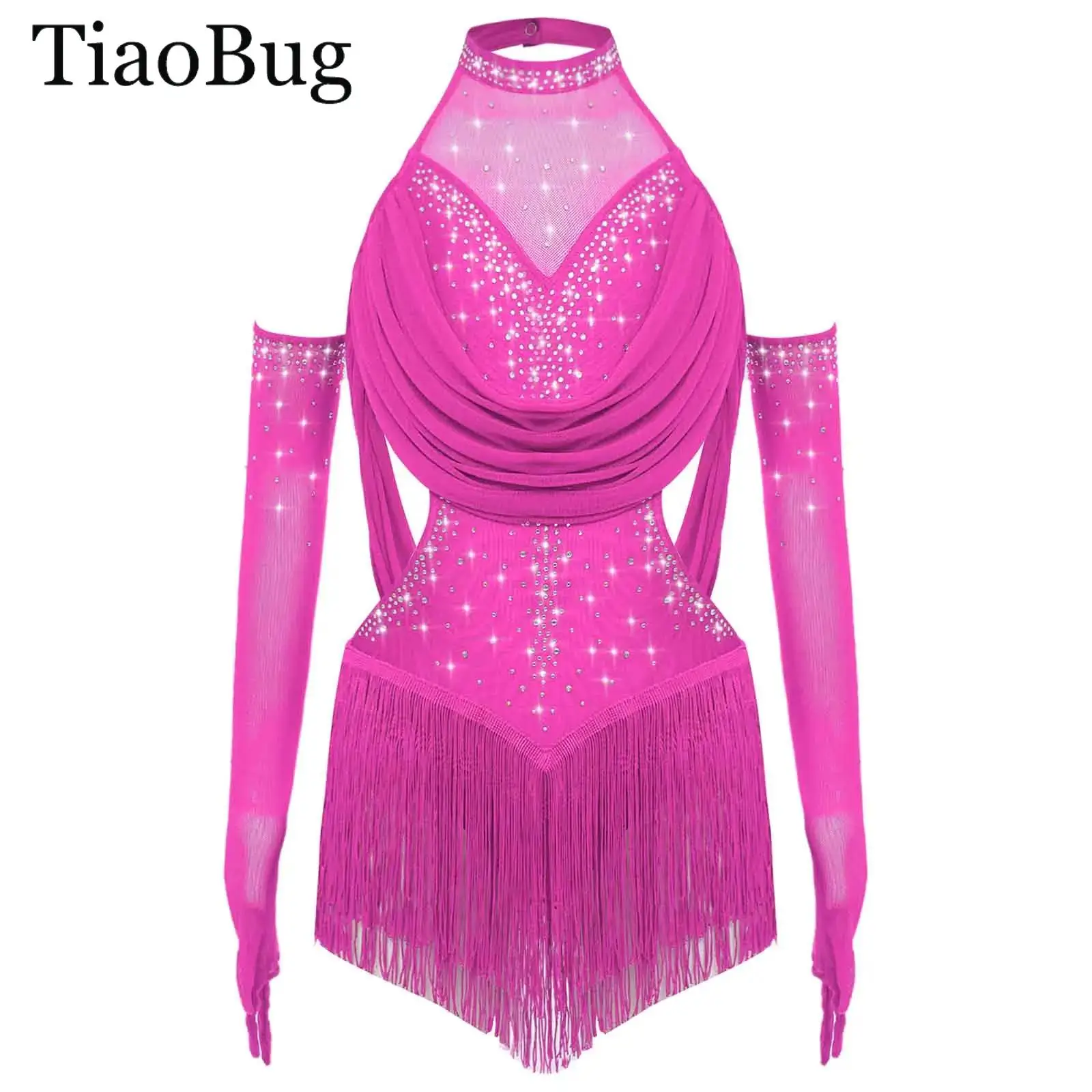 

Girls Latin Dance Outfit Cutout Back Tassel Rhinestones Ballet Leotard Dress with Mesh Gloves Cha-Cha Tango Ballroom Dancewear