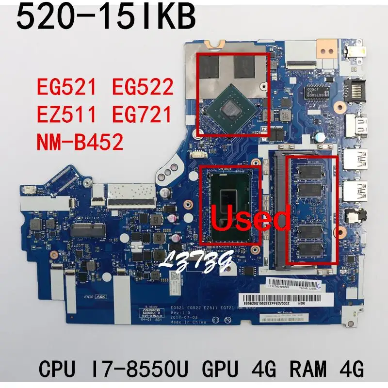 NM-B452 For Lenovo ideapad 520-15IKB Laptop Motherboard mainboard CPU I7-8550U GPU 4G RAM 4G FRU 5B20Q15629 5B20Q15618