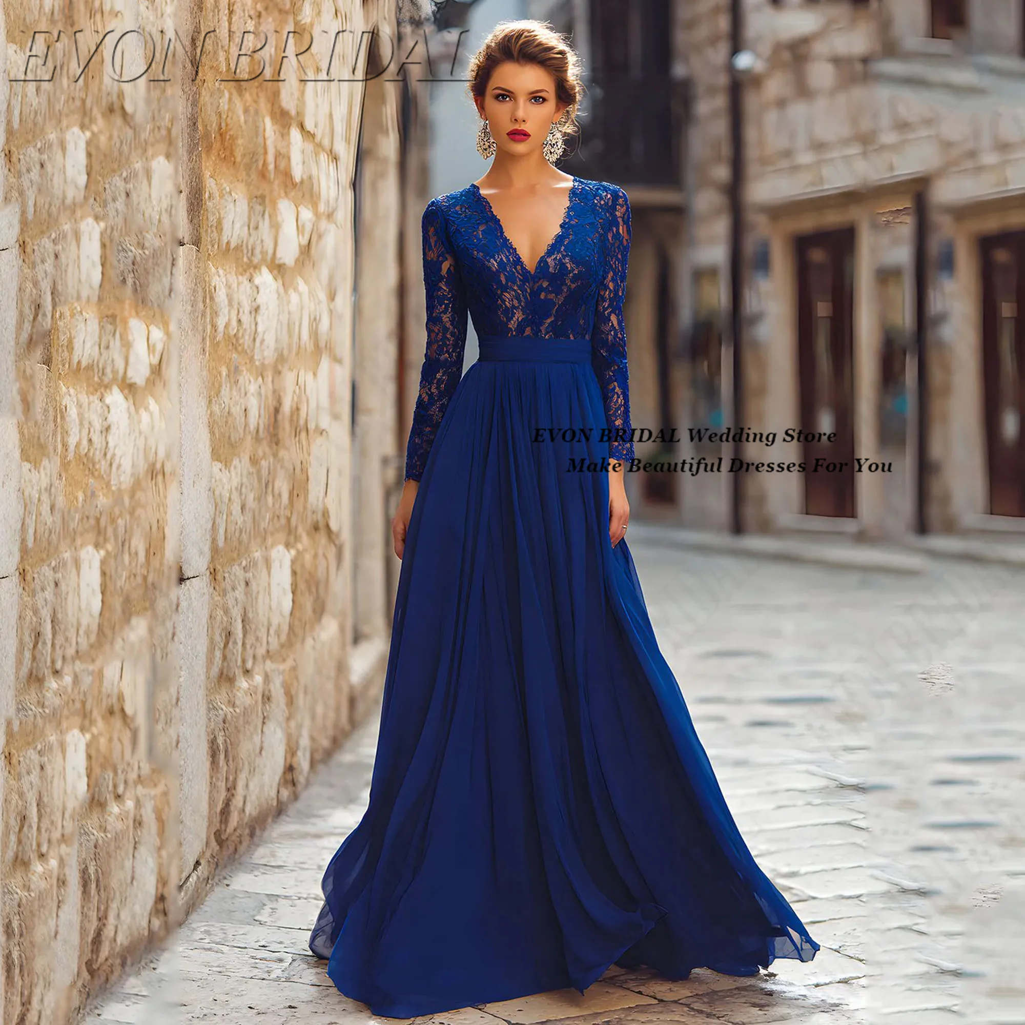 

V-neck Appliques Prom Dresses Chiffon Full Sleeve A Line Vestido Madrina Boda Customized Mother Of The Bride Dress EVON BRIDAL