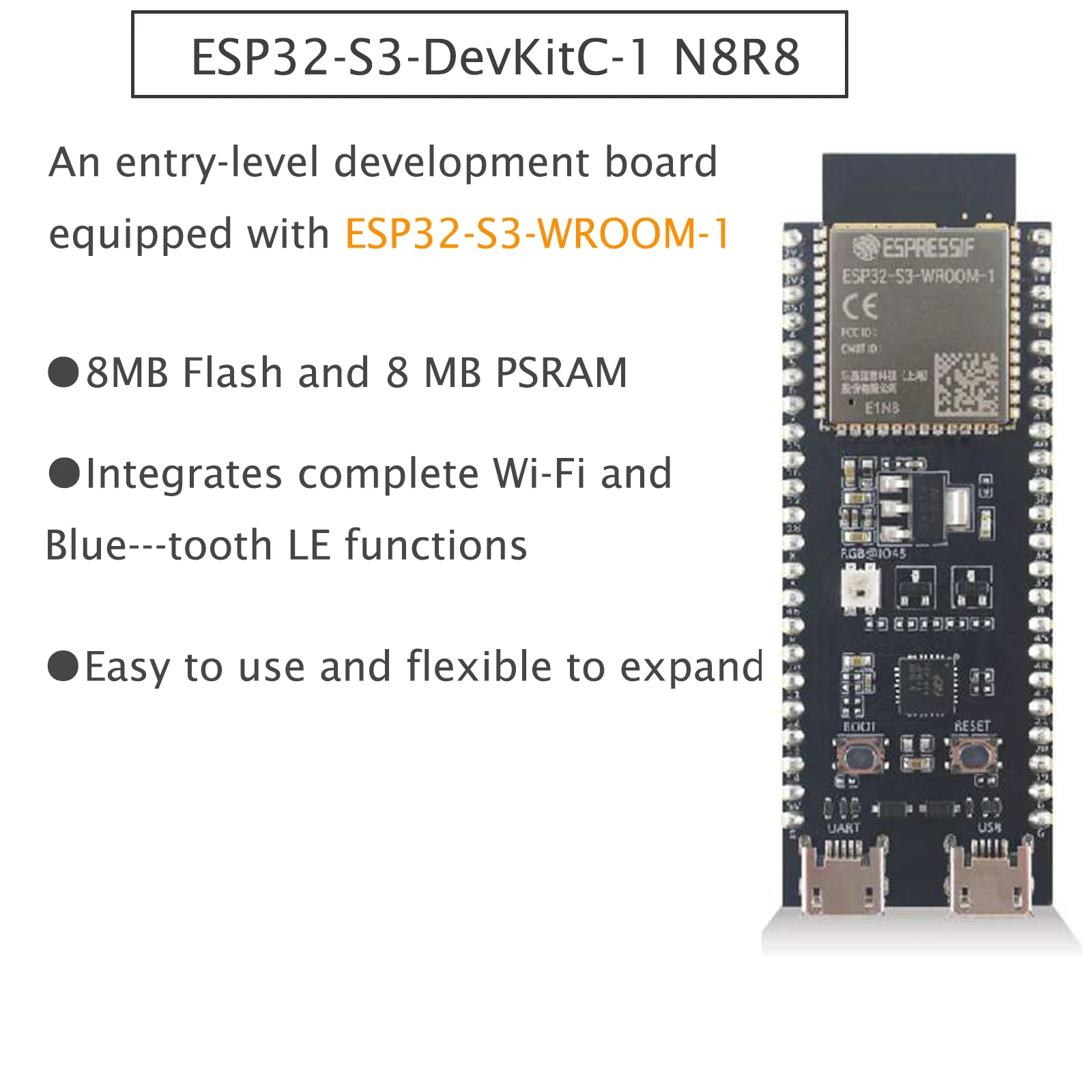 Diymall ESP32-S3-DevKitC-1 N8r8 Ontwikkelbord Gebaseerd ESP32-S3-WROOM-1 Module Wifi Blue-Tooth 8Mb Flash Ingebouwde Pcb-Antenne