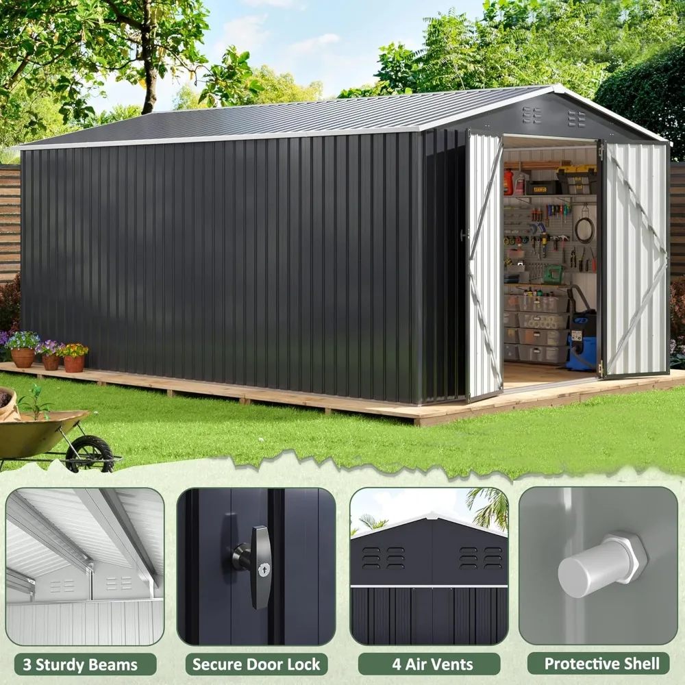 10x14 FT Outdoor Storage Shed, Metal Shed with Updated Frame Structure and Lockable Doors, Large Steel Yard Shed