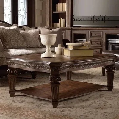 

X40 American Retro Solid Wood Coffee Table, Old Square Table Carving, Luxury Coffee Table Living Room Furniture Can Be Customize