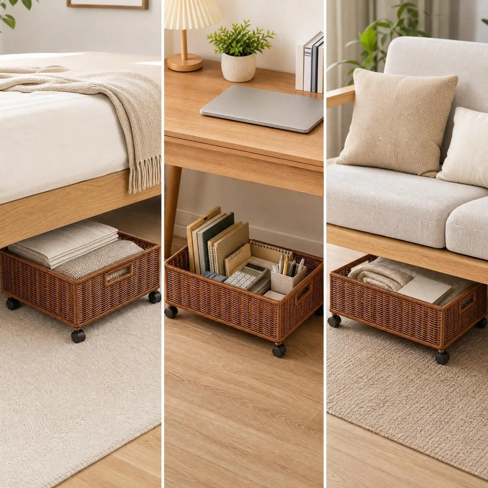 Low Profile Open Lattice Storage Basket on Wheels for Under Bed Closet Shoe Blanket Organizer