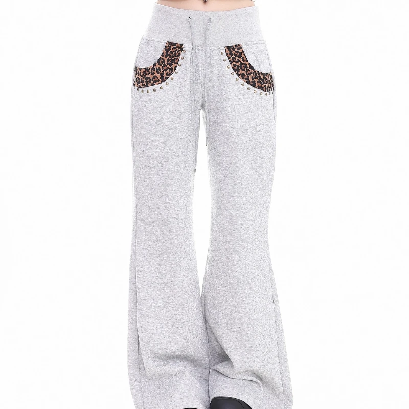 Pantalones informales acampanados con forro polar gris para mujer, diseño Vintage, estampado de leopardo, empalme, adelgazantes, hasta el suelo, para invierno