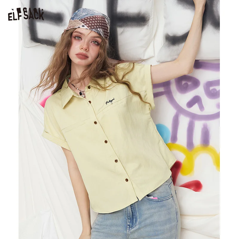 ELFSACK 2025 Summer New Arrivals Embroidered Letter Lapel Short Sleeved Chic Shirt For Women