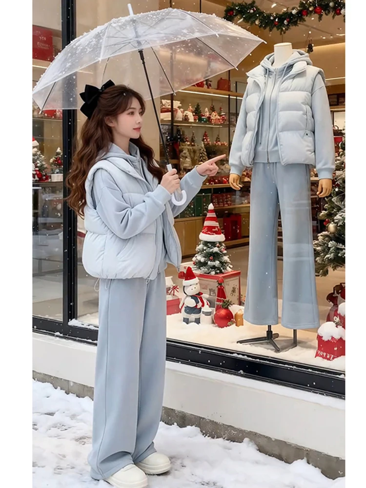 

Синий комплект из хлопкового свитшота и брюк-палаццо для женщин: повседневная зимняя одежда, свободный крой, круглый вырез, молния...