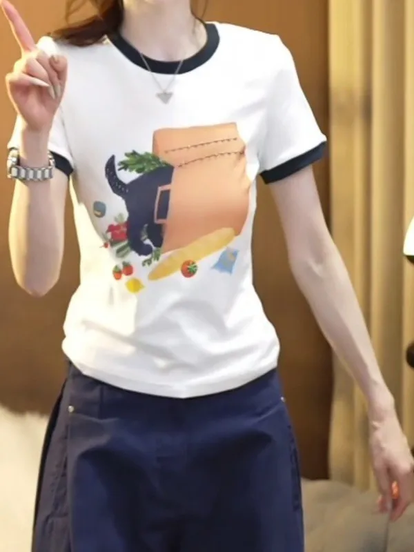 Camiseta de Verano Coreana para Mujer, Estilo Informal, Versátil, con Estampado de Bloques de Color, Antienvejecimiento, Moderna y a la Moda