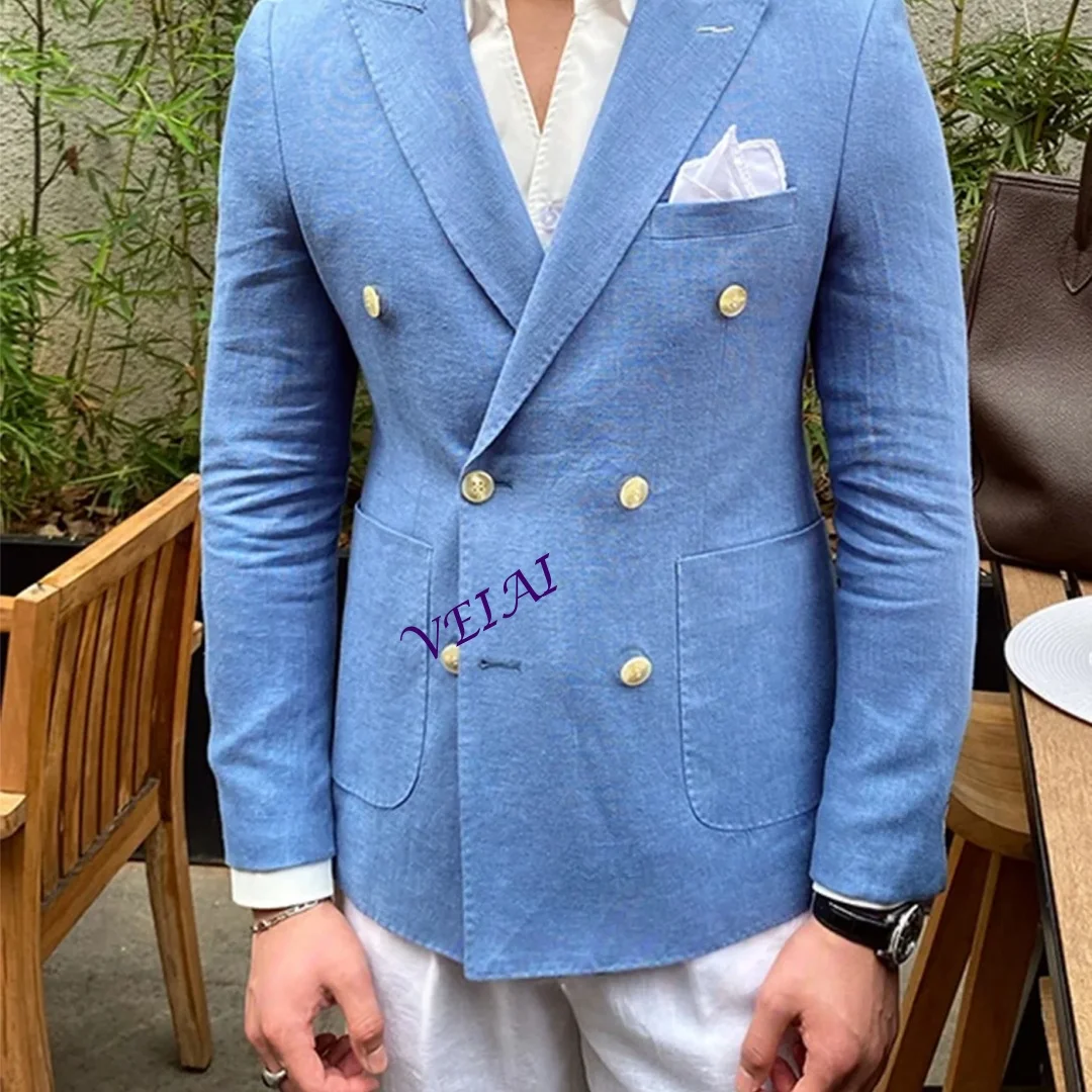 

Мужской повседневный льняной костюм: двубортный пиджак премиум-класса с заостренными лацканами, приталенный, для летнего отдыха, на заказ