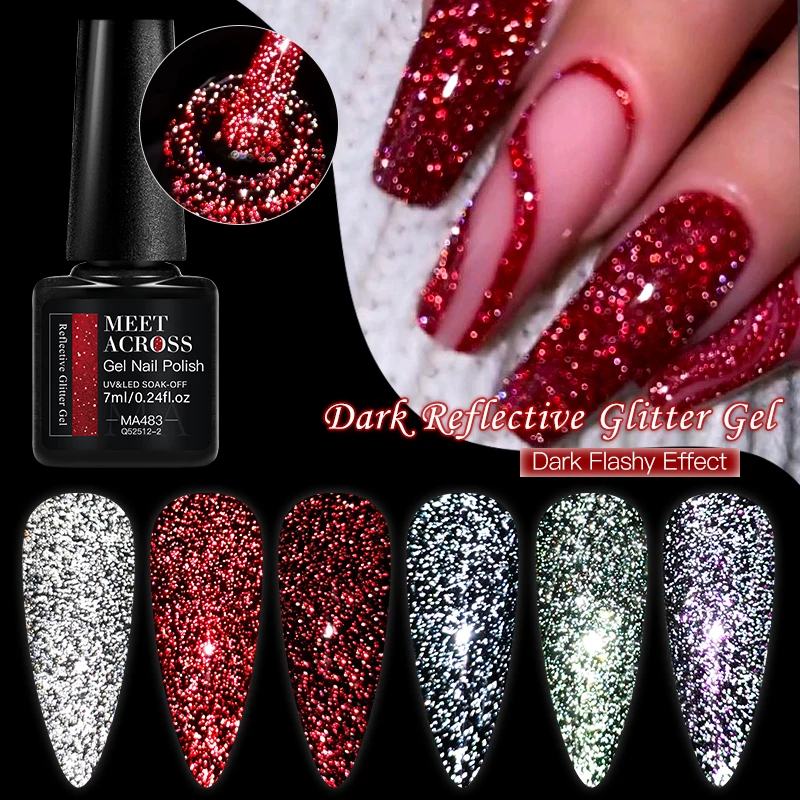 MEET ACROSS 6Pcs/Set Sparkling Glitter Nail Gel Polish Red Silver Soak Off UV/LED Reflective Nail Art Gel for Manicure DIY Nails