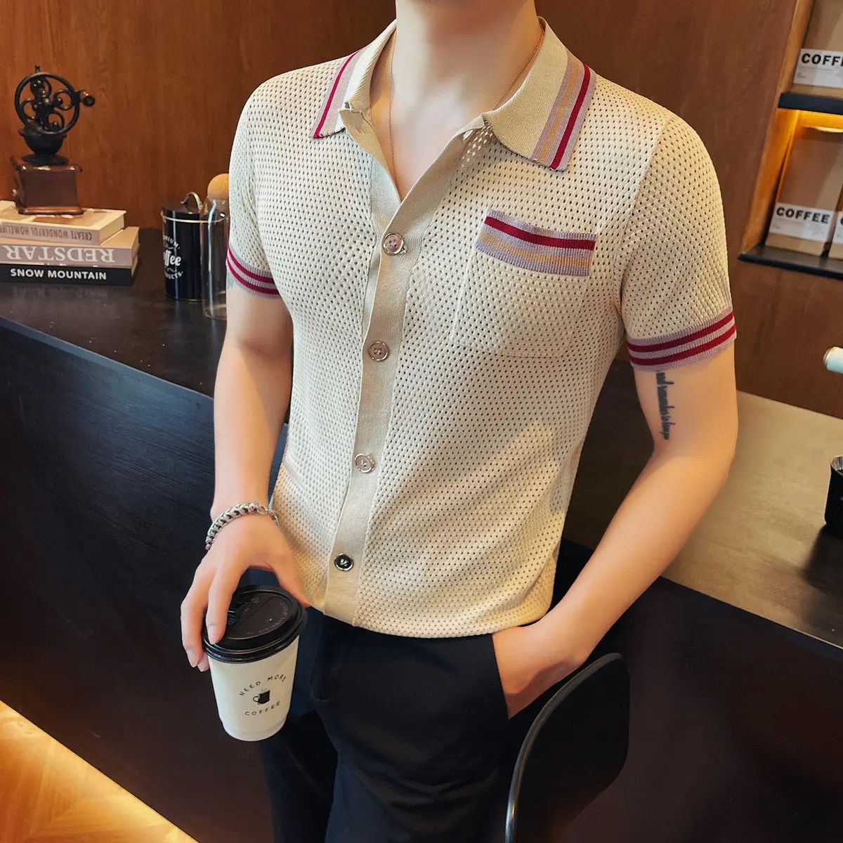 Cardigan tricoté à col pour homme, style été, t-shirt polo à manches courtes, couleur contrastante, coupe ajustée, décontracté et professionnel