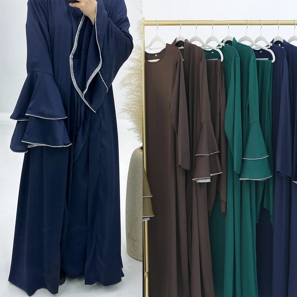 Eid Ramadan Women Muslim Satin Kimono Cardigan Maxi Dress Wrap Skirt Set Islamic Matching Clothing Dubai Abaya Turkey Robe 3PCS