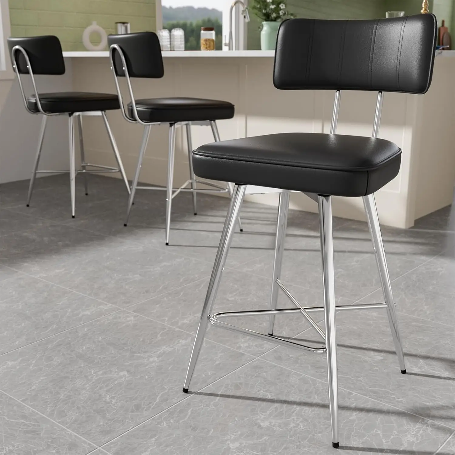 

Set of 3 Swivel Bar Stools, Black Faux Leather, Metal Legs, Counter Height, with Backs