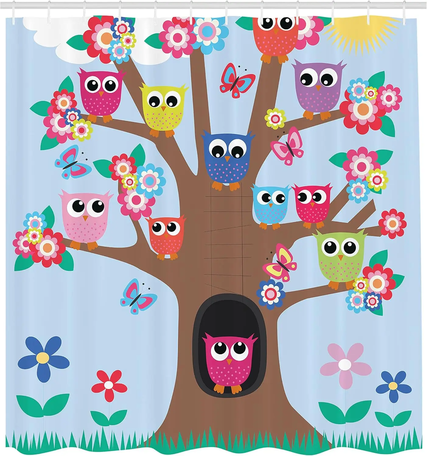 

Занавеска для душа с совой, мультяшные птицы и бабочки на иллюстрации состава в стиле дерева, тканевый декор для ванной комнаты