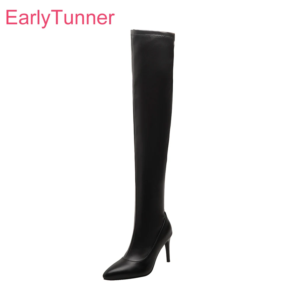 

New Winter Sweet Black Silver Women Thigh High Boots Pointed Toe High Stiletto Heel Lady Party Shoes Plus Big Size 12 43 45 48